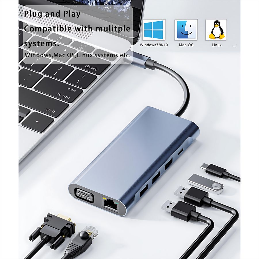 VALUE Station d'accueil USB type C, HDMI 4K60, VGA, 1x Gigabit Ethernet, 2x USB A + type C PD, 1x SD/microSD, 1x audio