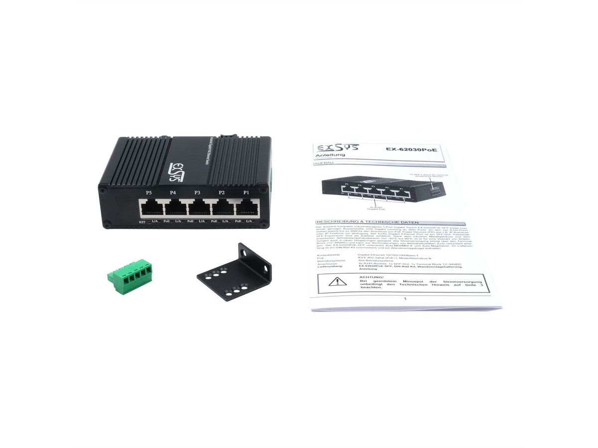 EXSYS EX-62030MPoE Mini Switch Gigabit SFP PoE+ industriel 5 ports, géré via le Web
