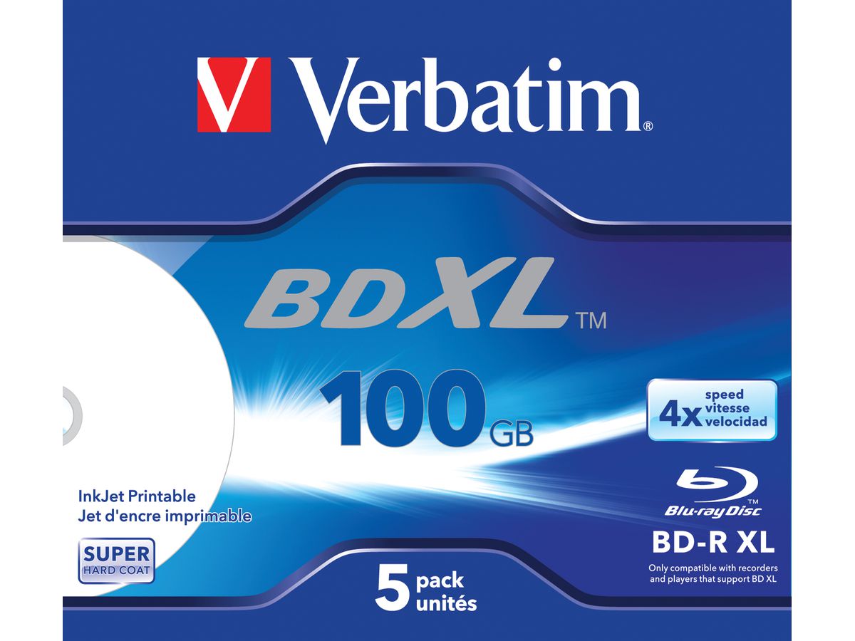 Verbatim BD-R XL 100 Go* 4x Wide Inkjet Printable Boîtier avec lot de 5