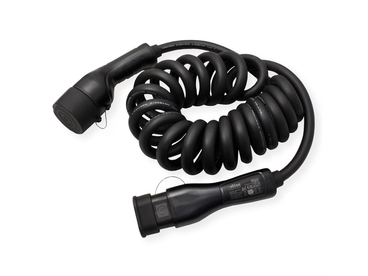 ROLINE Câble de recharge VE type2, 3-Phases, 480VAC (3P+N+E), 16 A, 11 kW, spirale, 7,5 m