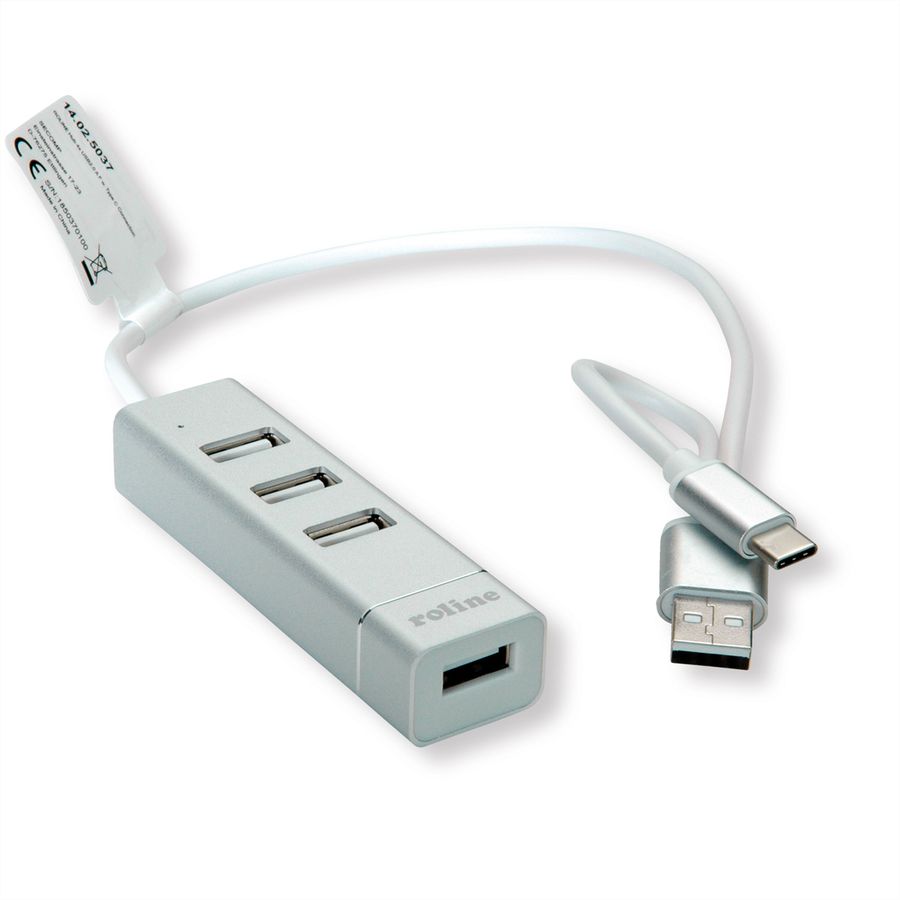 ROLINE Hub USB 2.0 pour portables, 4 ports, câble de raccordement type A+C