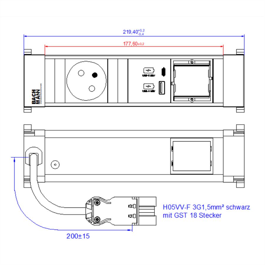 BACHMANN POWER FRAME S 1xUTE 1xCM 1xUSB A/C 22W 0,2m GST18