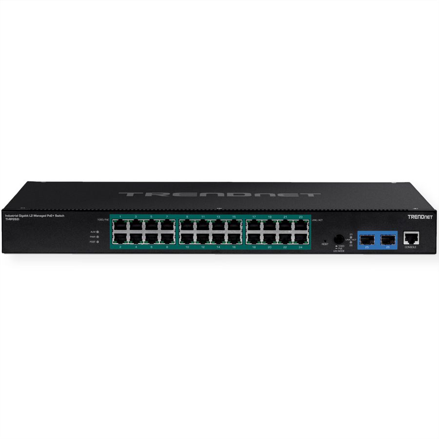 TRENDnet TI-RP262i Switch industriel PoE+ administrable Gigabit de couche 2 à 26 ports montable sur un rack