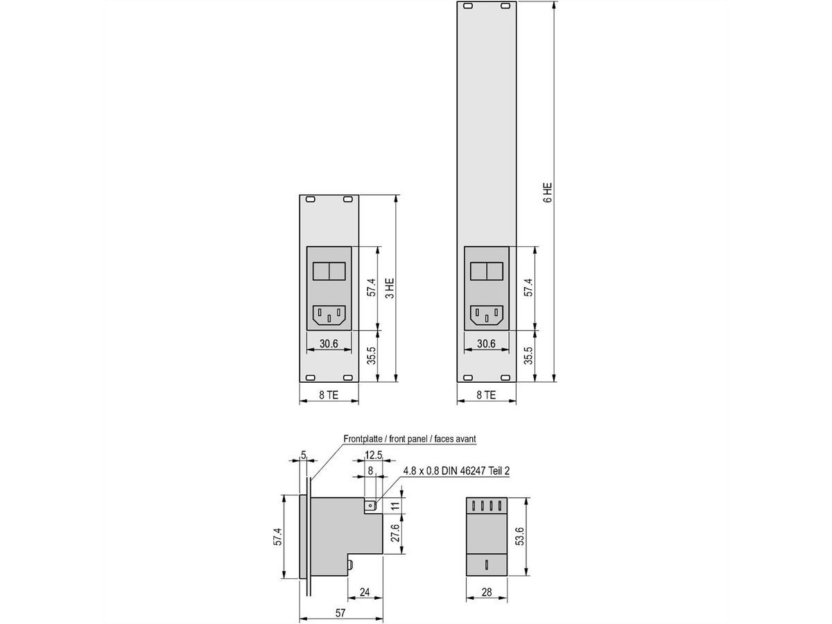 SCHROFF Face avant avec module d'entrée AC, 6 U, 8 CV, 2,5 mm, alu, anodisé, bords non traités