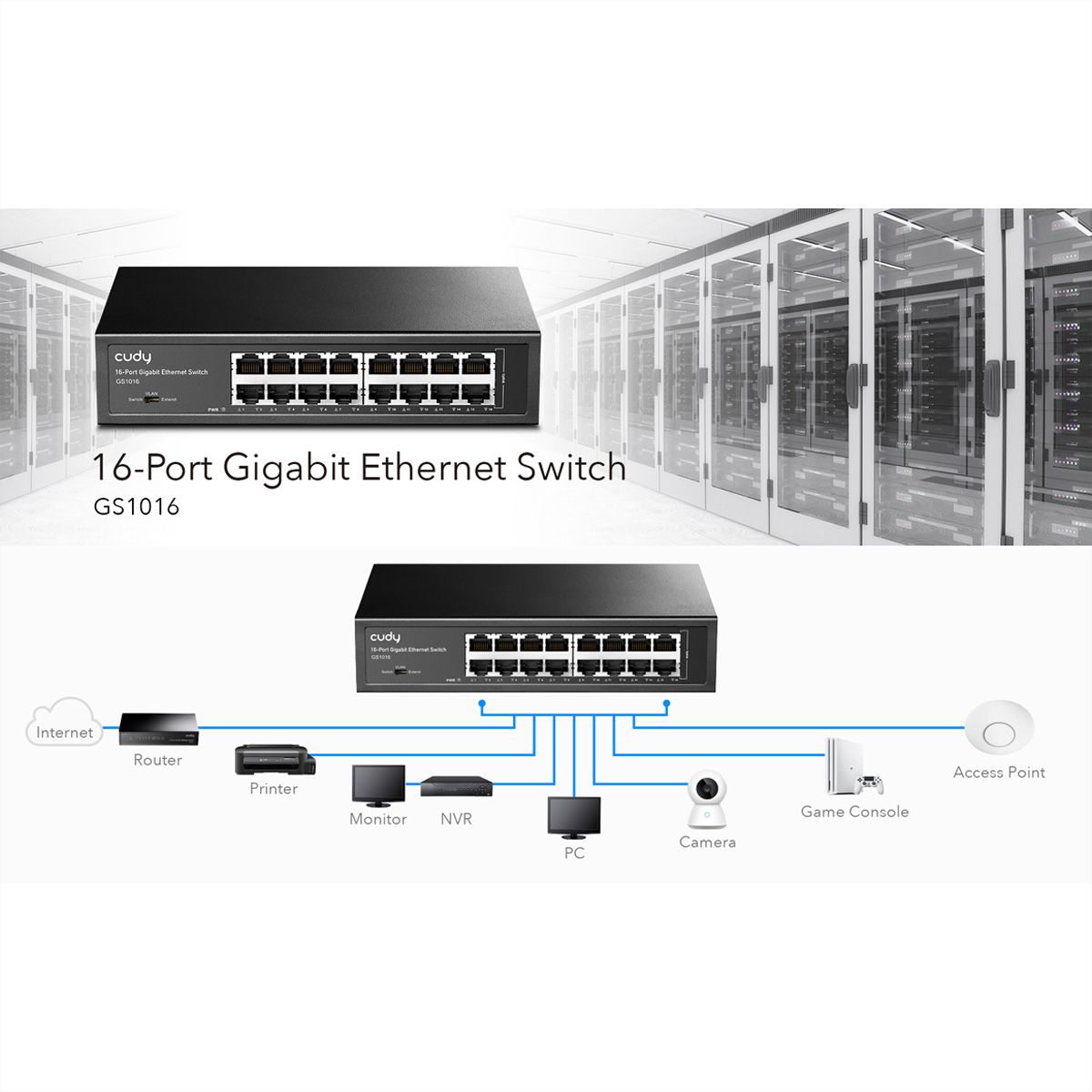 CUDY GS1016 Switch 16 ports Gigabit métal