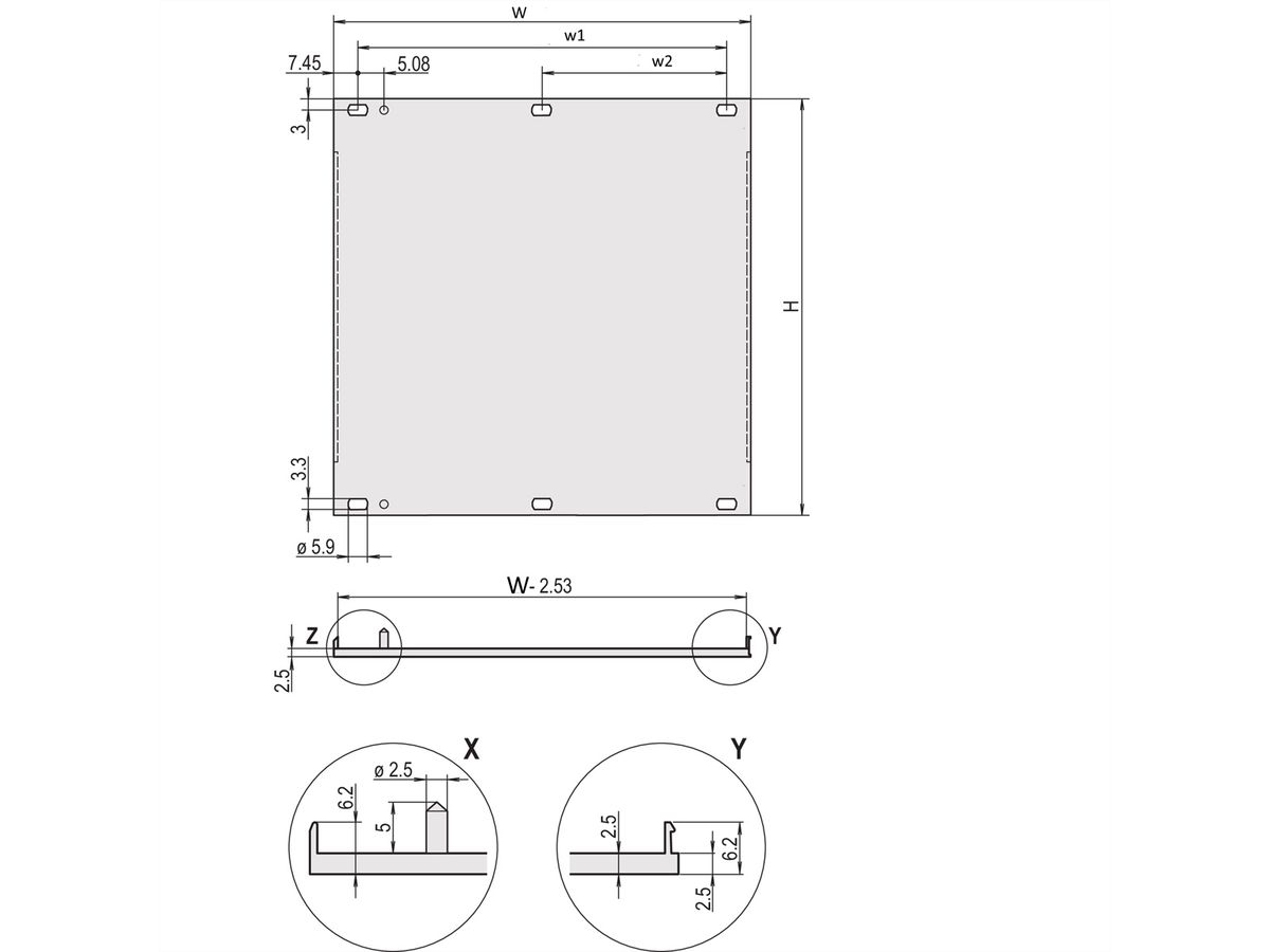 SCHROFF Face avant, profil en U, Refrofit Shielding, 6 U, 16 HP, 2,5 mm, alu, face avant anodisée, face arrière conductrice