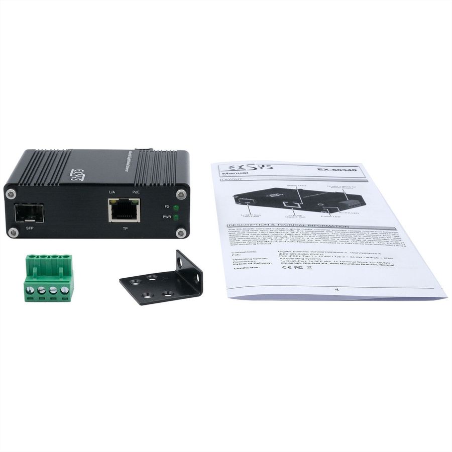 EXSYS EX-60340 Convertisseur de média industriel 60 W SFP, -40 °C à +75 °C
