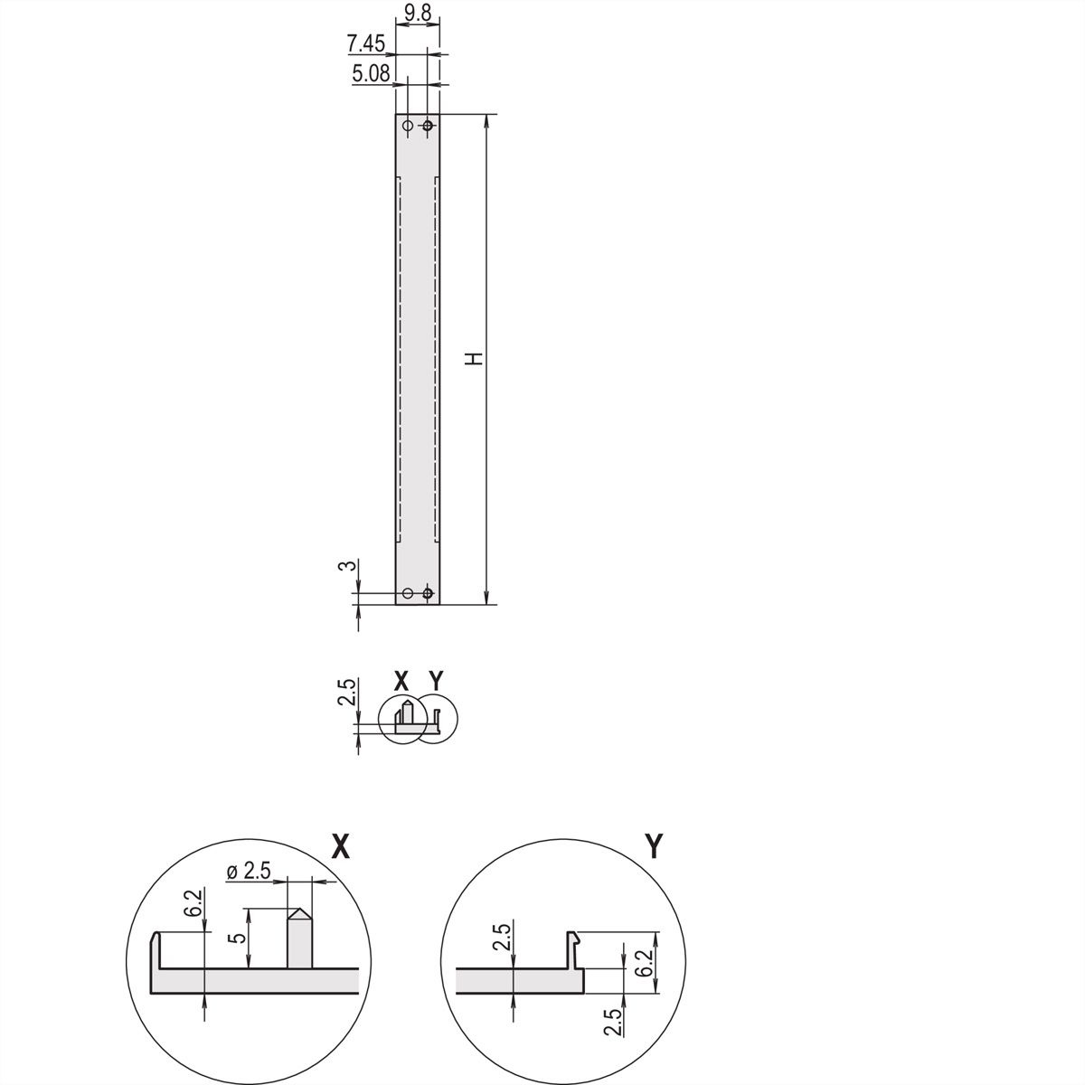 SCHROFF Face avant, profil en U, Refrofit Shielding, 6 U, 2 CV, 2,5 mm, alu, face avant anodisée, face arrière conductrice