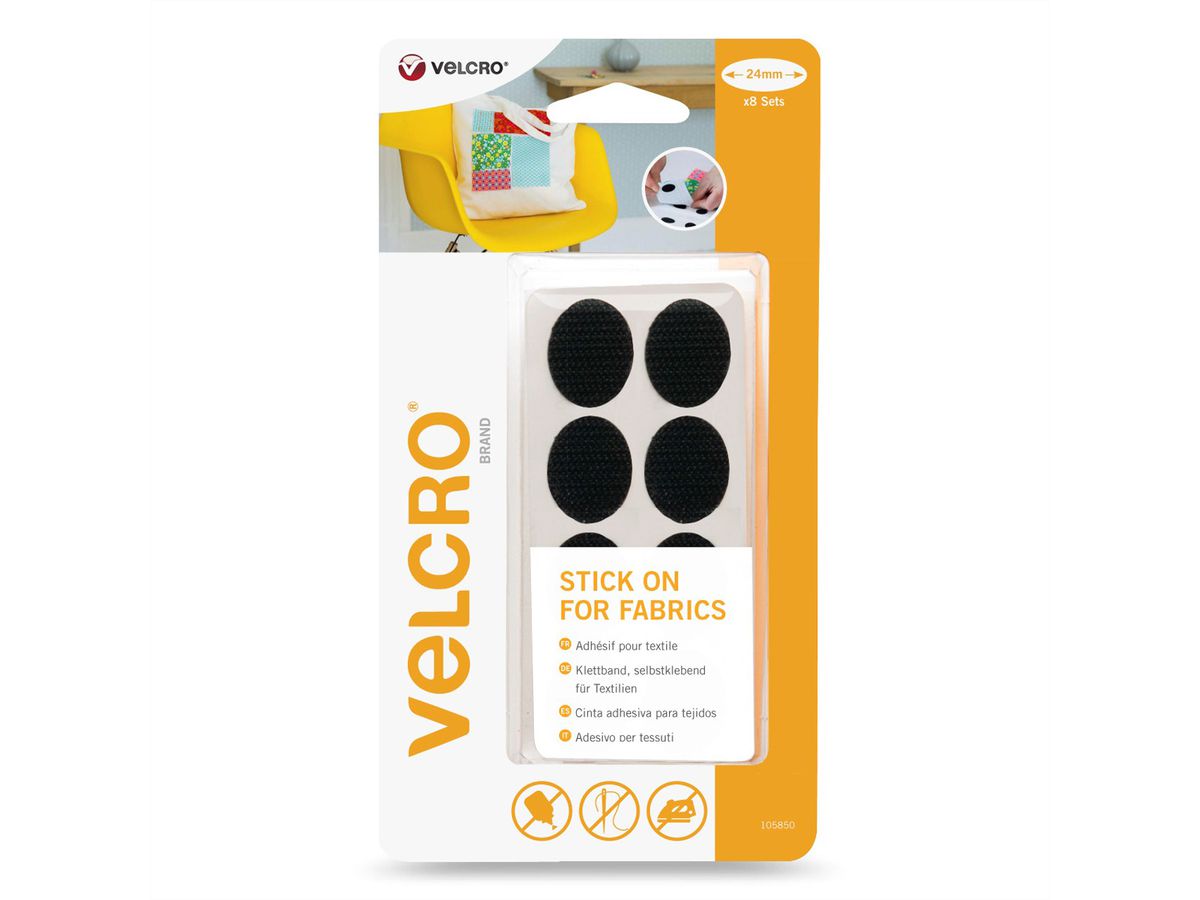 VELCRO® Pour textiles 24mmx8sets noir, bande à coller crochets & velours