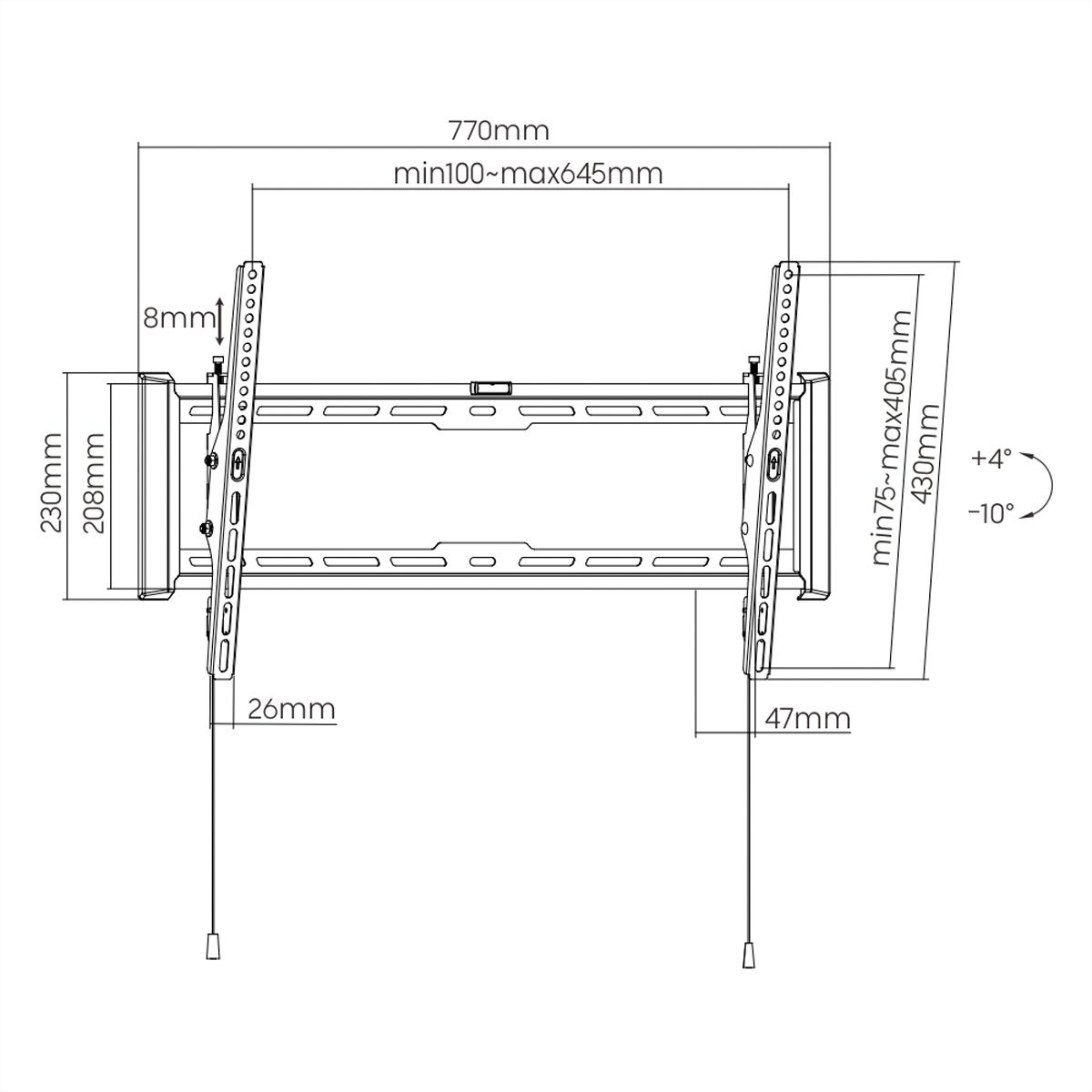 VALUE Support mural TV, distance murale de 47 mm, inclinable, <203,2cm/80", <75kg