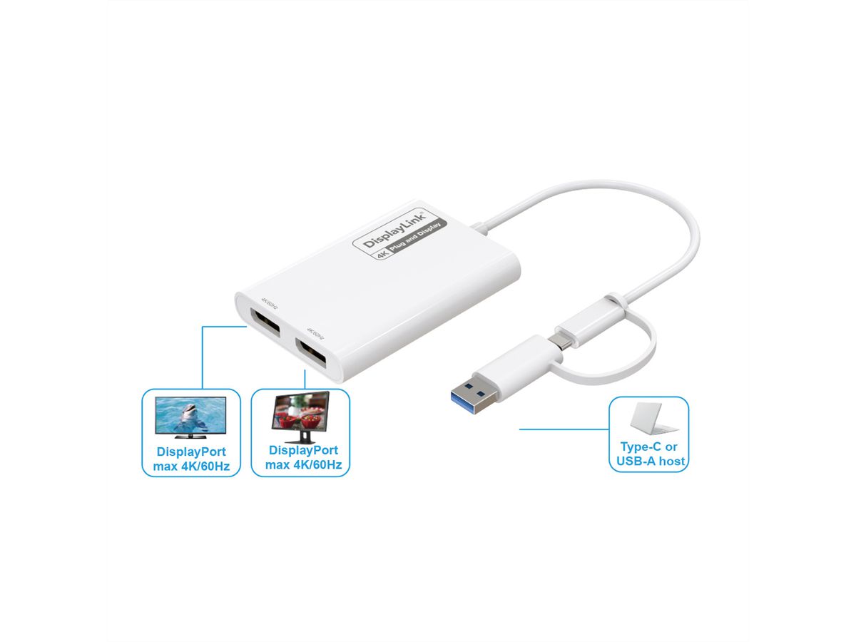 ROLINE Adaptateur Multi-DisplayLink USB type A+C - 2x DP, 4K