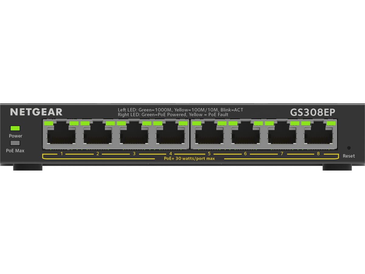 NETGEAR 8-Port Gigabit Ethernet PoE+ Plus Switch (GS308EP) Géré L2/L3 Gigabit Ethernet (10/100/1000) Connexion Ethernet, supportant l'alimentation via ce port (PoE) Noir