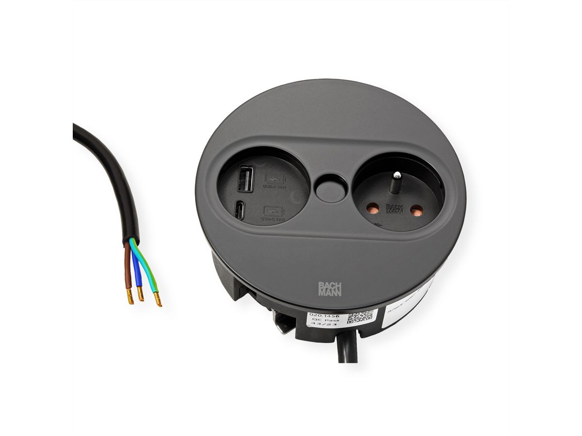 BACHMANN TWIST 2 1xUTE 1xUSB A/C 22W 2,0m AEH RAL9005 30GE rond, Mess.p.Ph. 3G4 CEE32A Lan Commutation p.D.