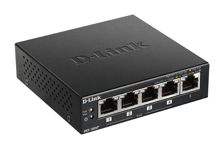 D-Link DGS-1005P commutateur réseau Non-géré L2 Gigabit Ethernet (10/100/1000) Connexion Ethernet, supportant l'alimentation via ce port (PoE) Noir