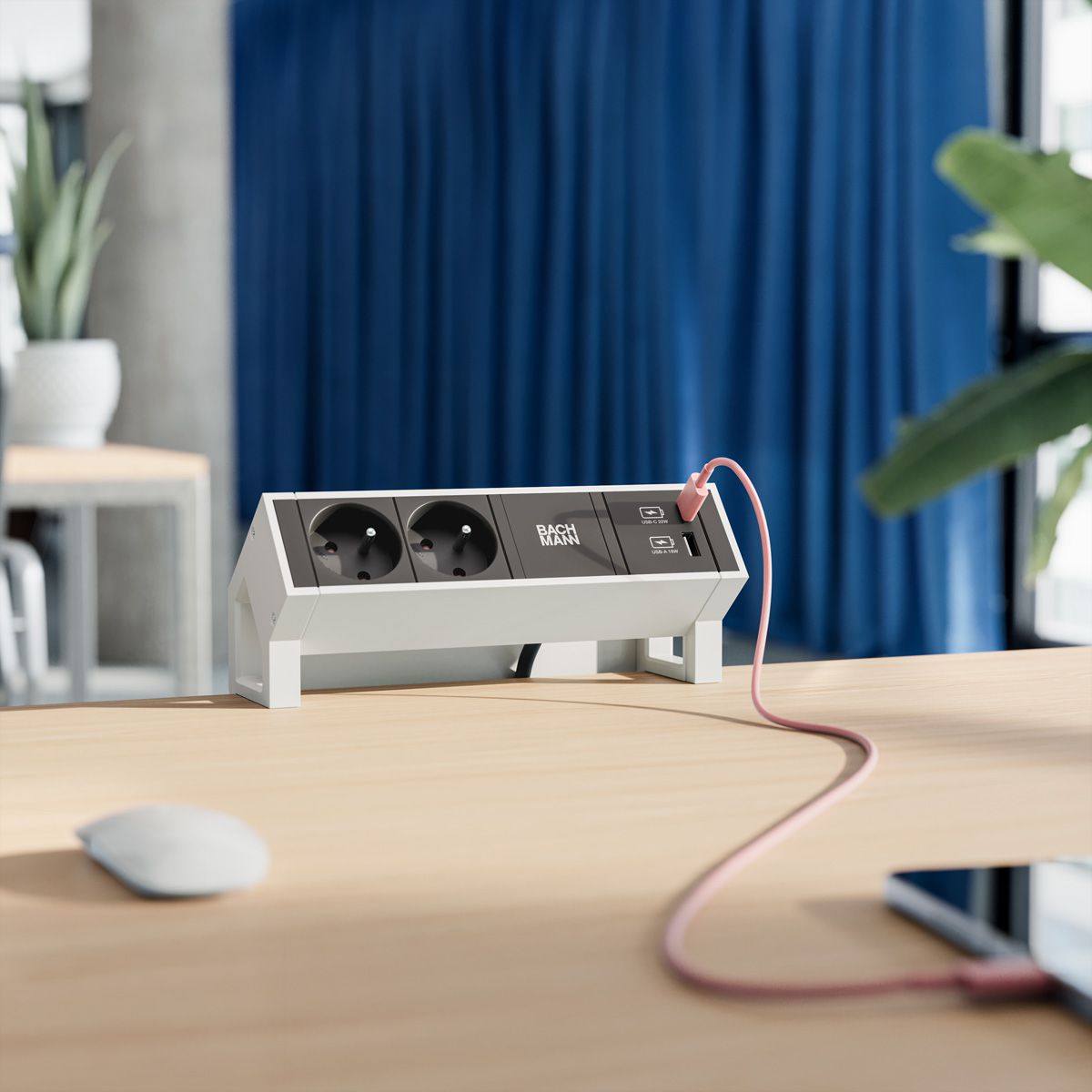 BACHMANN DESK2 2xUTE 1xUSB A/C 22W 0,2m GST18 RAL9010