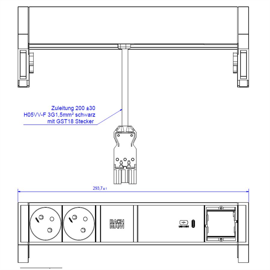 BACHMANN DESK2 2xUTE 1xUSB C 60W 1xCM 0,2m GST18 INOX