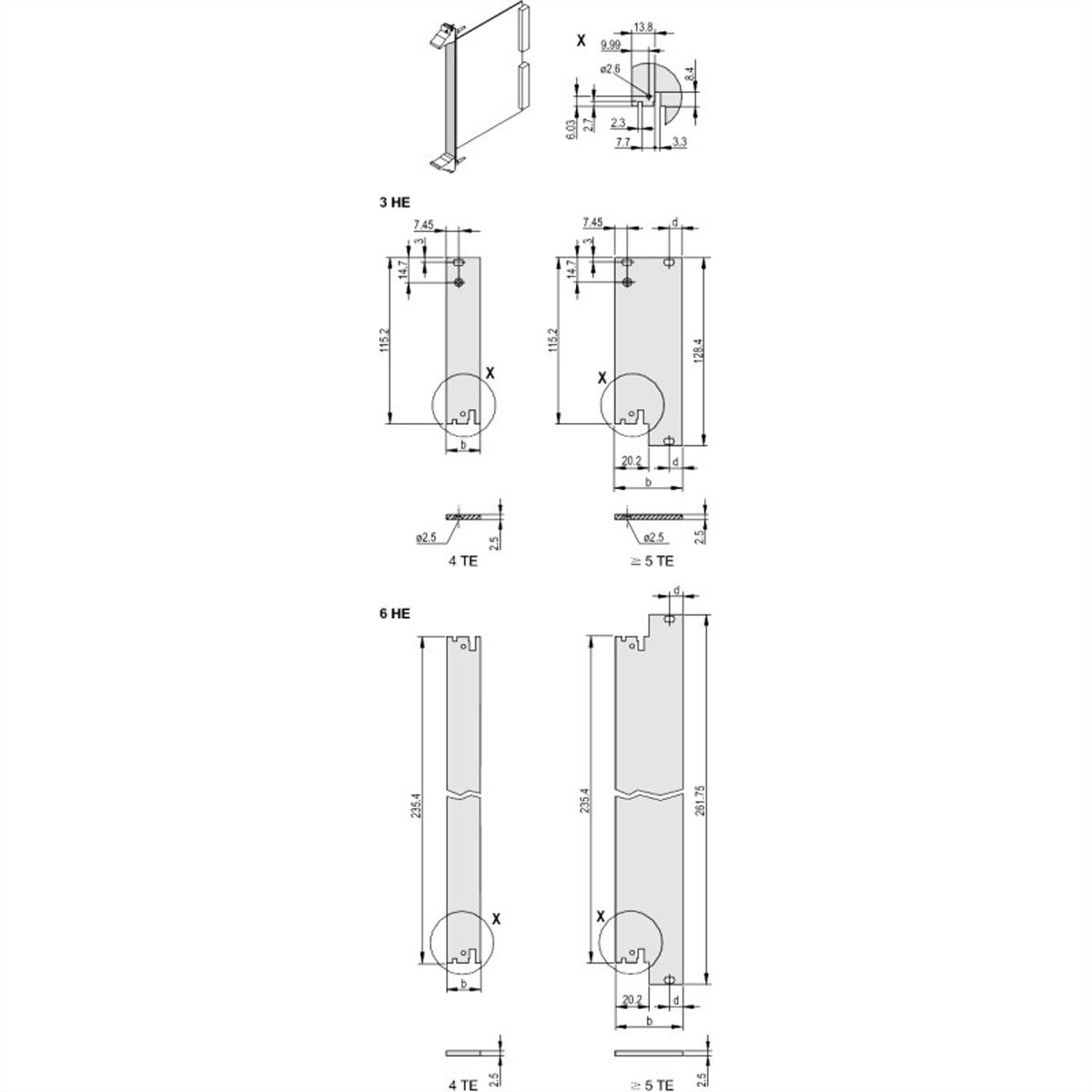 SCHROFF Unité enfichable, face avant, non blindée, pour IEL, IET, Type 2 poignée, 6 U, 8 HP, 2,5 mm, alu, anodisé avant, conducteur arrière