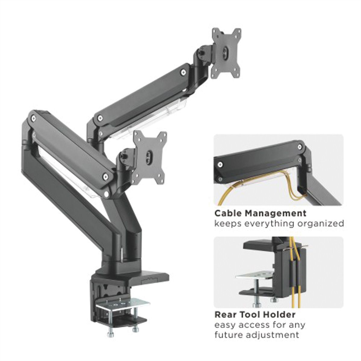 ROLINE Support double LCD à gaz, 5 axes de rotation, max. 15 kg, jusqu'à 35 pouces