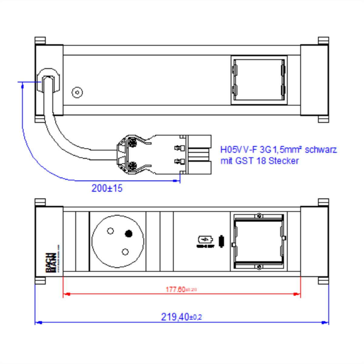 BACHMANN POWER FRAME S 1xUTE 1xUSB C 30W 1xCM 0,2m GST18
