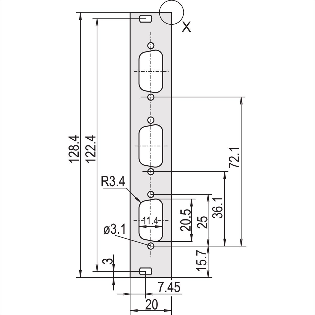 SCHROFF Face avant en U, blindée, découpe Sub-D, 3 U, 4 F, 3 x 9 broches, 2,5 mm, alu, anodisé avant, conducteur arrière