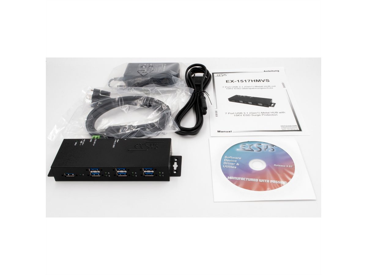 EXSYS EX-1517HMVS Hub métallique géré USB 3.2 Gen1 à 7 ports, protection de surtension 15KV ESD