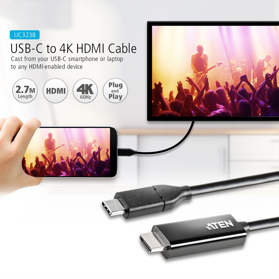 ATEN UC3238 Convertisseur USB-C à HDMI 4K, 2,7 m