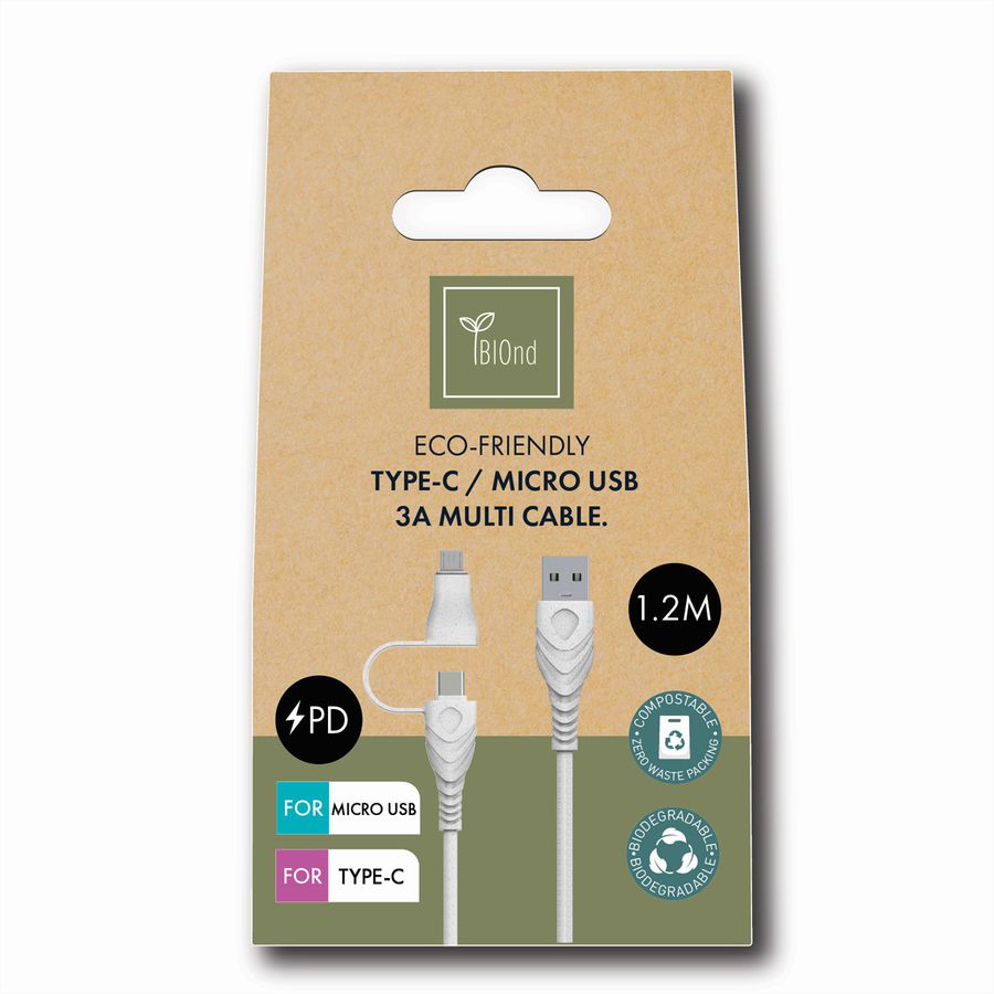 BIOnd BIO-12-TCM Câble USB-A vers USB-C+micro 3A, 1,2 m