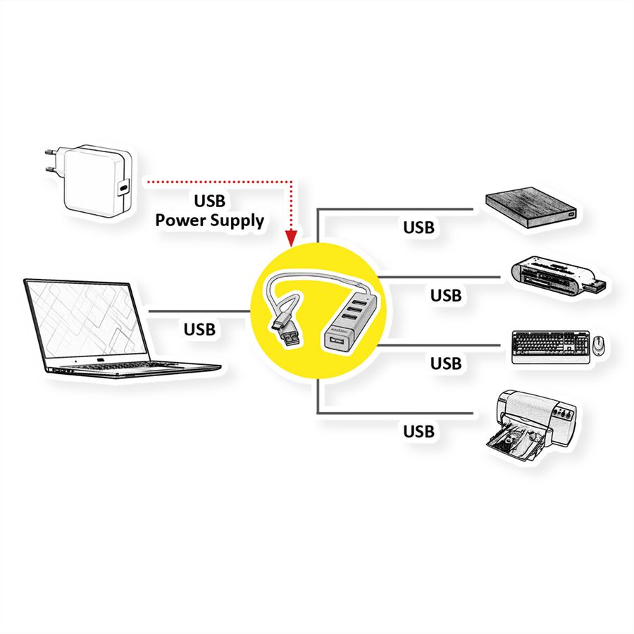 ROLINE Hub USB 2.0 pour portables, 4 ports, câble de raccordement type A+C
