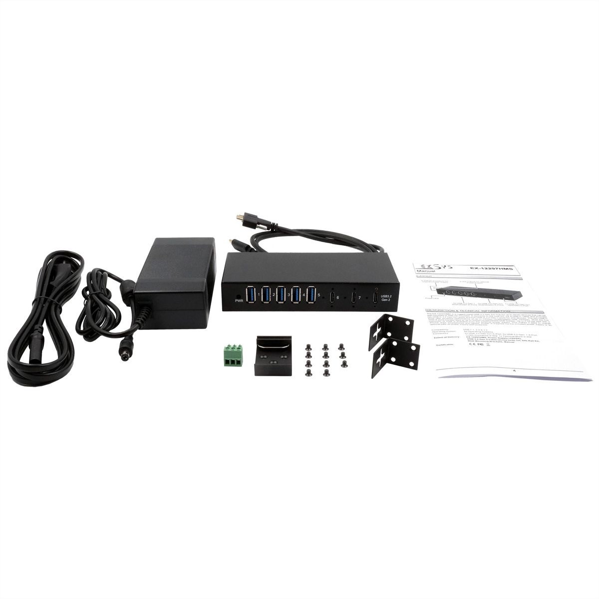 EXSYS EX-12297HMS HUB métallique 7 ports USB 3.2 Gen 2x1, 2x USB-C et 5x USB-A 3.2 Gen 1, pour table, mur et rail DIN