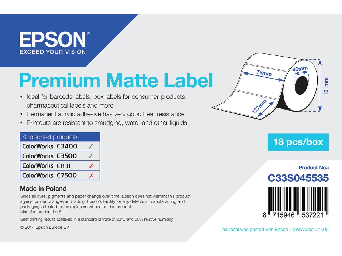 Epson Premium Matte Label - Die-cut Roll: 76mm x 127mm, 265 labels