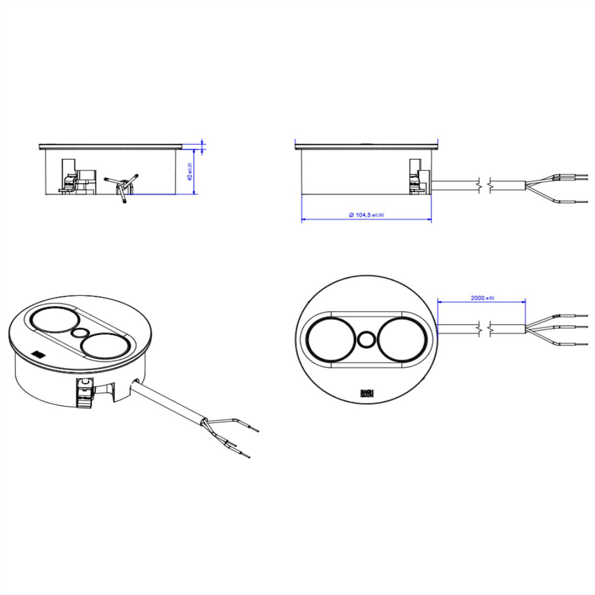 BACHMANN TWIST 2 1xUTE 1xUSB A/C 22W 2,0m AEH RAL9005 30GE rond, Mess.p.Ph. 3G4 CEE32A Lan Commutation p.D.