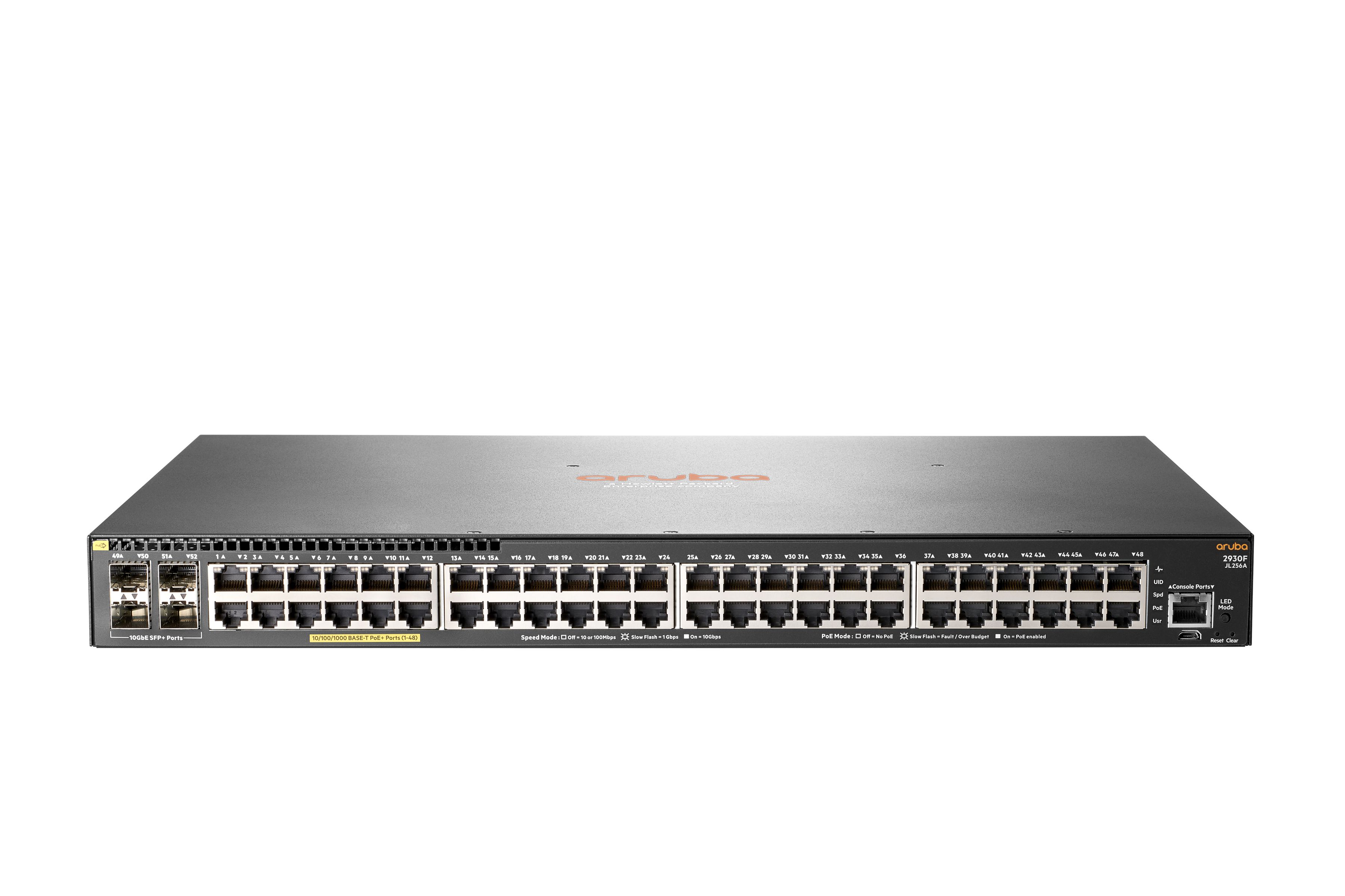 HPE Aruba Networking Aruba 2930F 48G PoE+ 4SFP+ Géré L3 Gigabit Ethernet (10/100/1000) Connexion Ethernet, supportant l'alimentation via ce port (PoE) 1U Gris