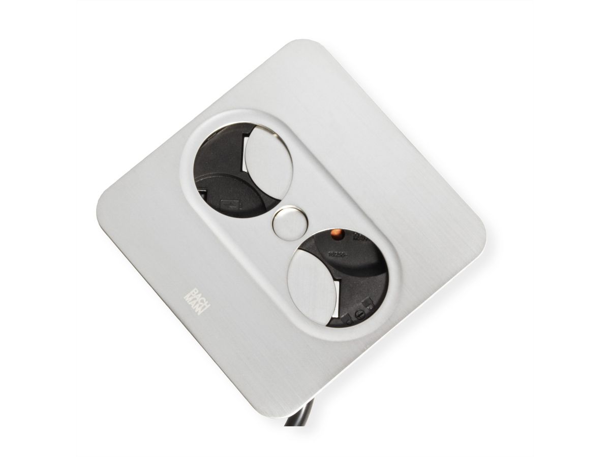 BACHMANN TWIST 2 1xUTE 1xUSB A/C 22W 2,0m AEH aspect inox carré, Mesure p.Sd.3m H05VV-F 3G4 CEE16A LAN