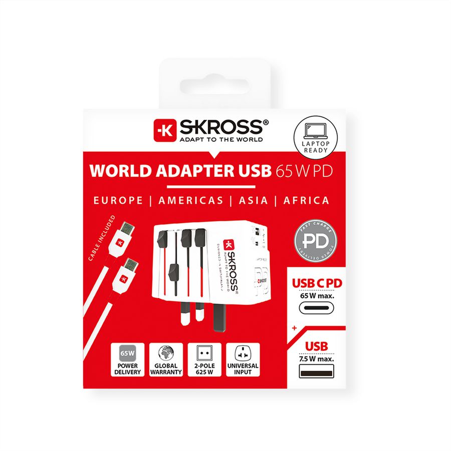 SKROSS Adaptateur de voyage MUV USB A/C 65PD avec câble USB-C, monde