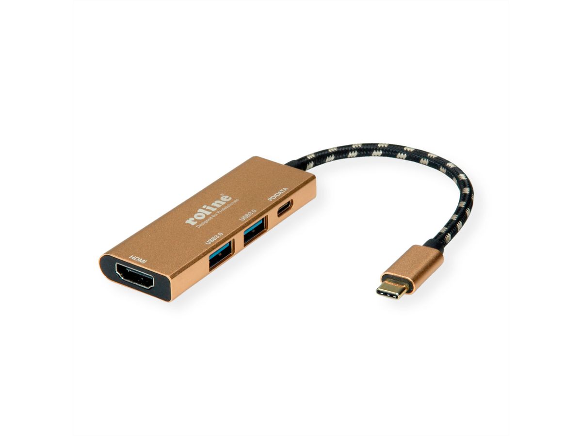 ROLINE GOLD Station d'accueil USB type C, 4K HDMI, 2 ports USB 3.2 Gen 1, 1x USB type C PD (Power Delivery)