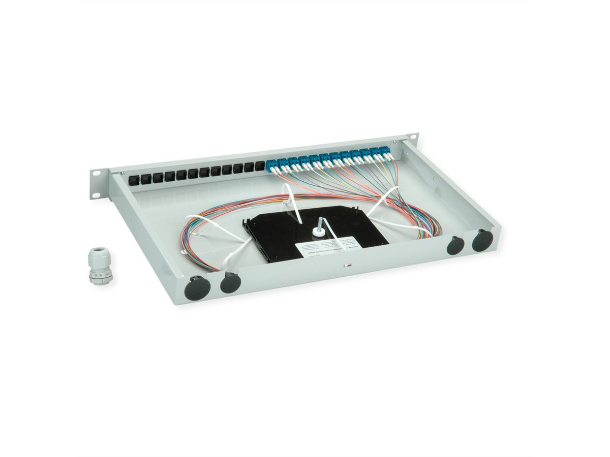 TELEGÄRTNER BASIS eco Panneau FO avec coupleurs et pigtails, 12x LC Duplex, bleu, OS2 PC, Grade C