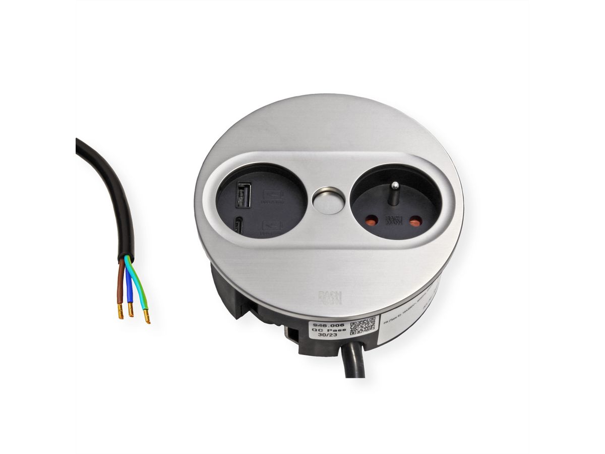 BACHMANN TWIST 2 1xUTE 1xUSB A/C 22W 2,0m AEH aspect inox rond, Mesure p.Sd. H05VV-F 3G2,5 CEE3x16A LAN
