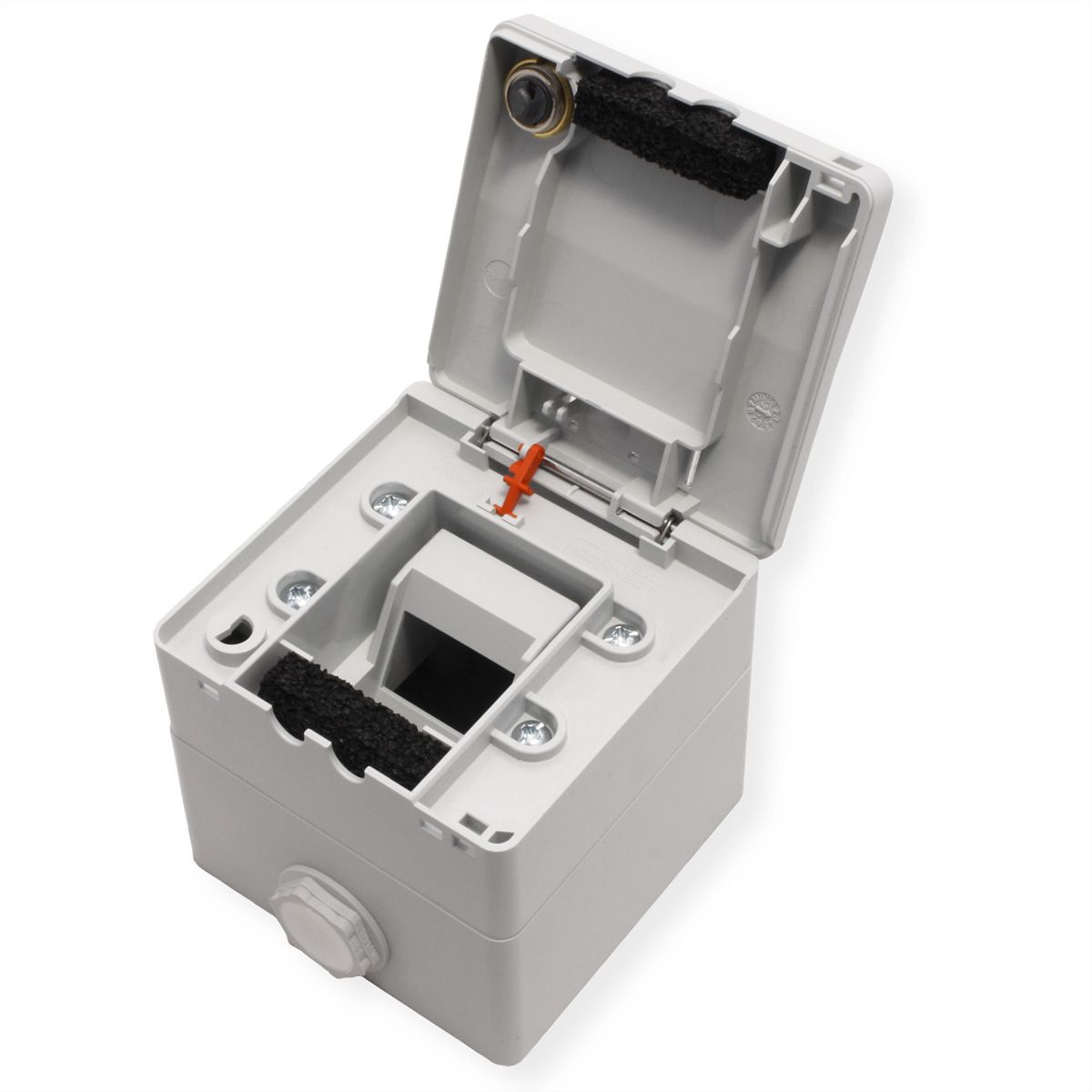 METZ CONNECT Boîtier apparent pour module IP44 , Couvercle rabattable + serrure, 2 ports non équipés , gris