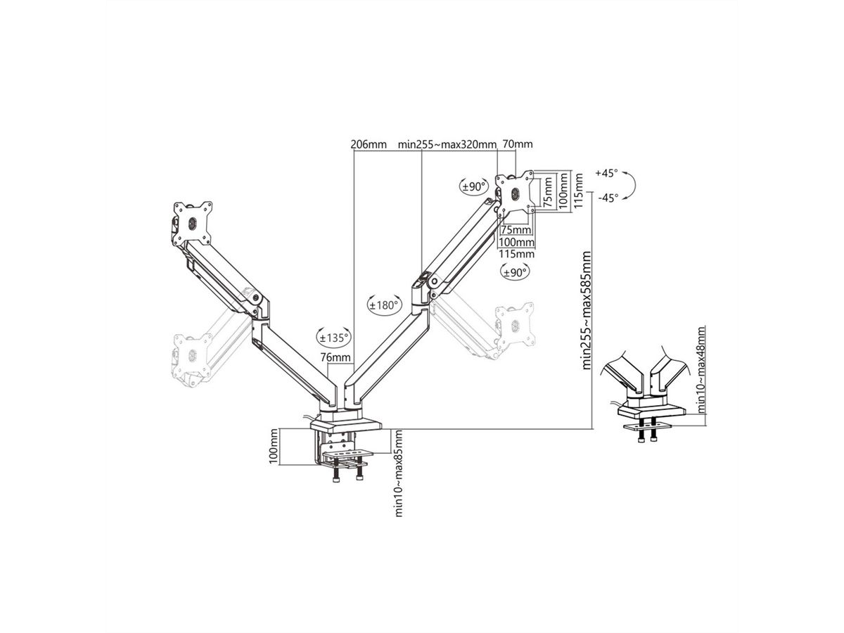 ROLINE Support double LCD à gaz, 5 axes de rotation, , max. 15 kg, jusqu'à 35 pouces