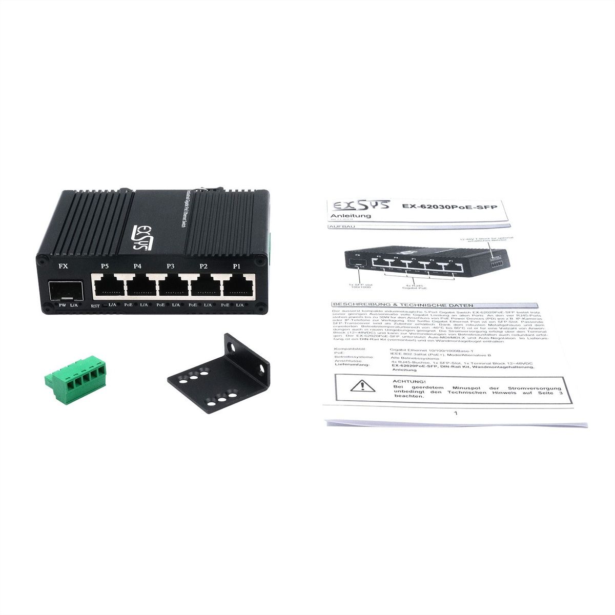EXSYS EX-62030MPoE-SFP Mini Switch Gigabit SFP PoE+ industriel 5+1 ports, géré par le Web