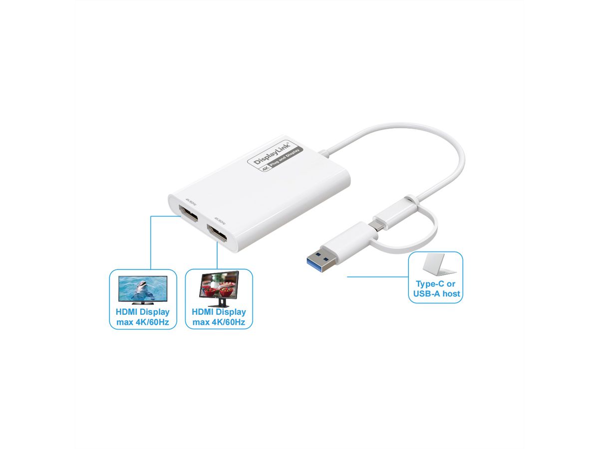 ROLINE Adaptateur Multi-DisplayLink USB type A+C - 2x HDMI, Multi-Stream 4K