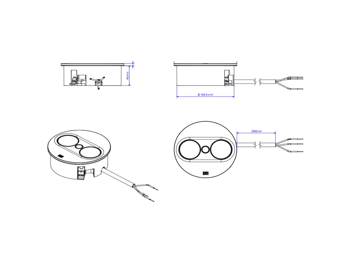 BACHMANN TWIST 2 1xUTE 1xUSB A/C 22W 2,0m AEH RAL9005 30GE rond, Mess.p.Ph. 3G4 CEE32A Lan Commutation p.D.