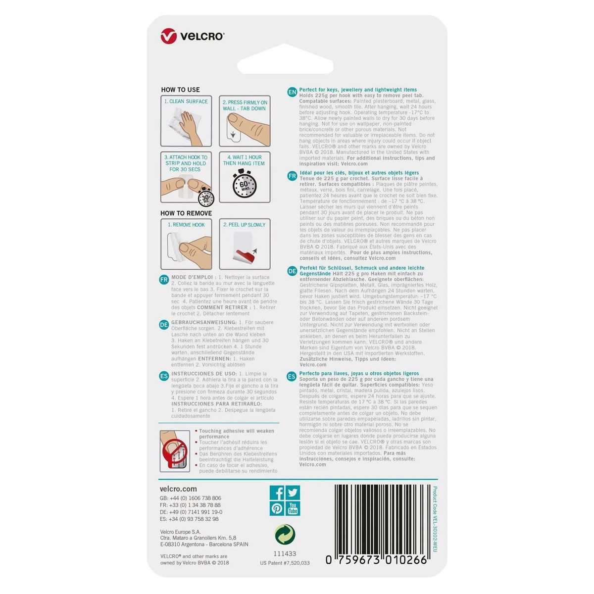 VELCRO® HANGables Crochet micro adhésif 225 g , 4 pièces, amovibles, blancs