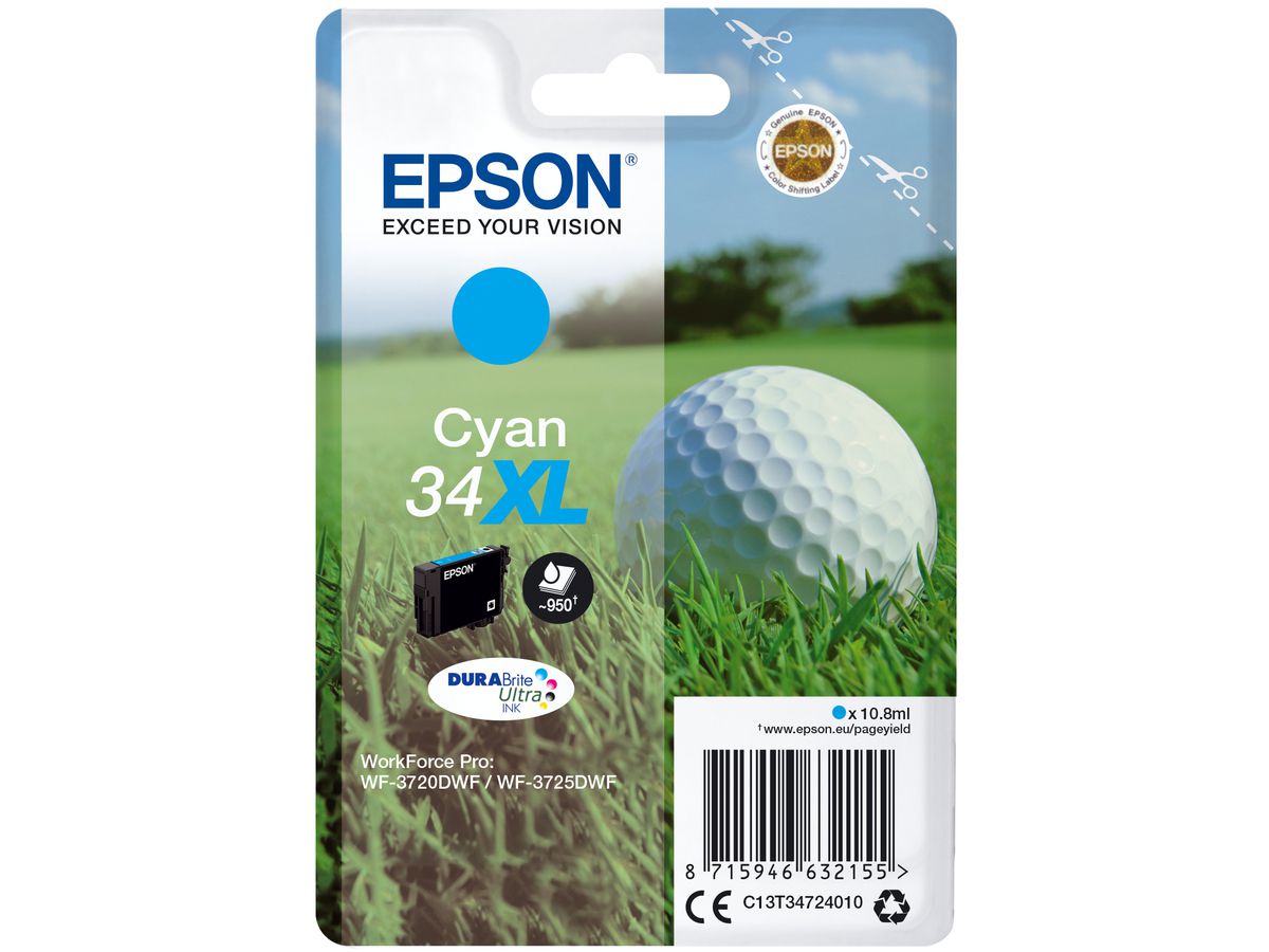 Epson Golf ball Singlepack Cyan 34XL DURABrite Ultra Ink