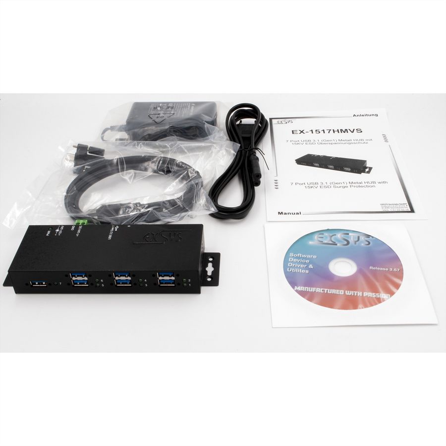 EXSYS EX-1517HMVS Hub métallique géré USB 3.2 Gen1 à 7 ports, protection de surtension 15KV ESD