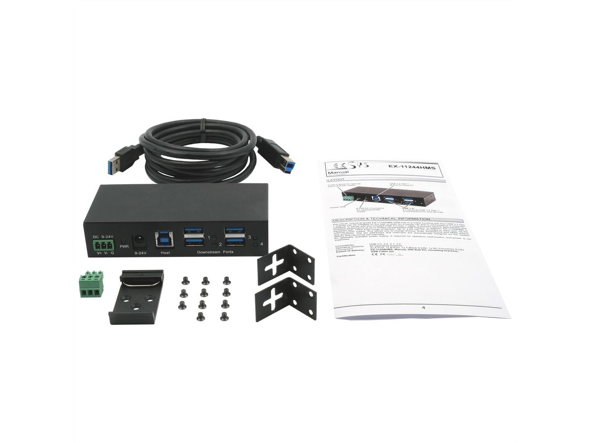 EXSYS EX-1244HMS HUB 4 ports USB 3.2 Gen 1 Din-Rail kit et mur VIA VL813 Chipset