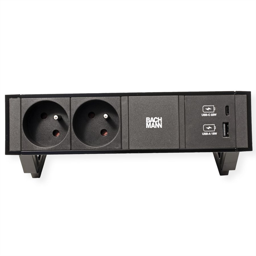 BACHMANN DESK 2 Bloc multiprise 2x UTE, 1x USB A&C 22W, noir, 0,2 m