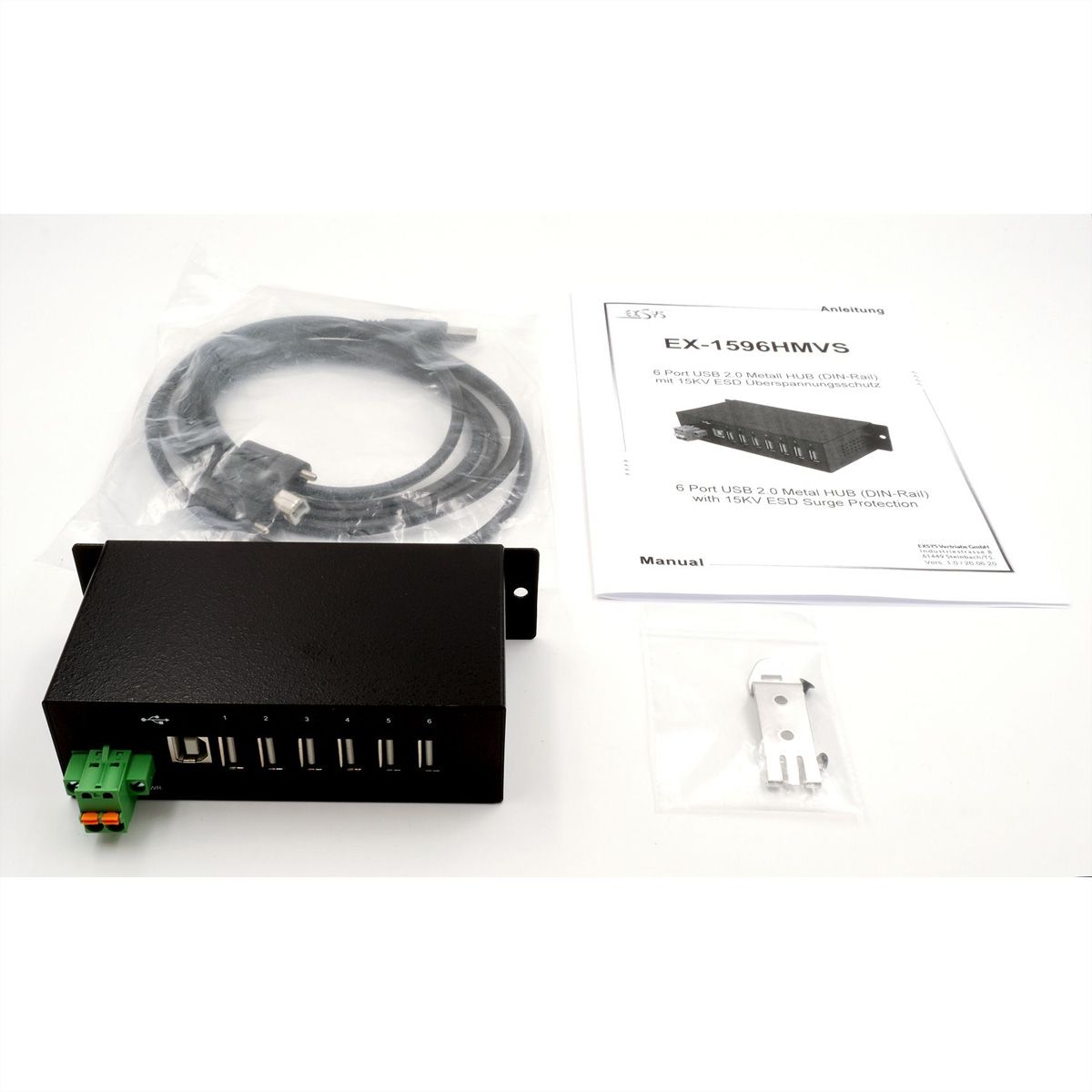 EXSYS EX-1596HMVS Hub métal USB 2.0 à 6 ports, protection de surtension 15KV ESD (rail DIN)