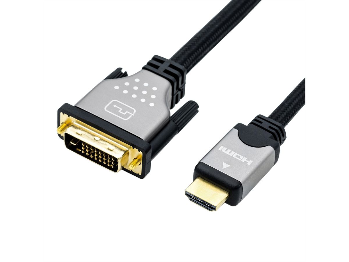 ROLINE Câble pour écran DVI (24+1) - HDMI, M/M, noir/argent, 1 m