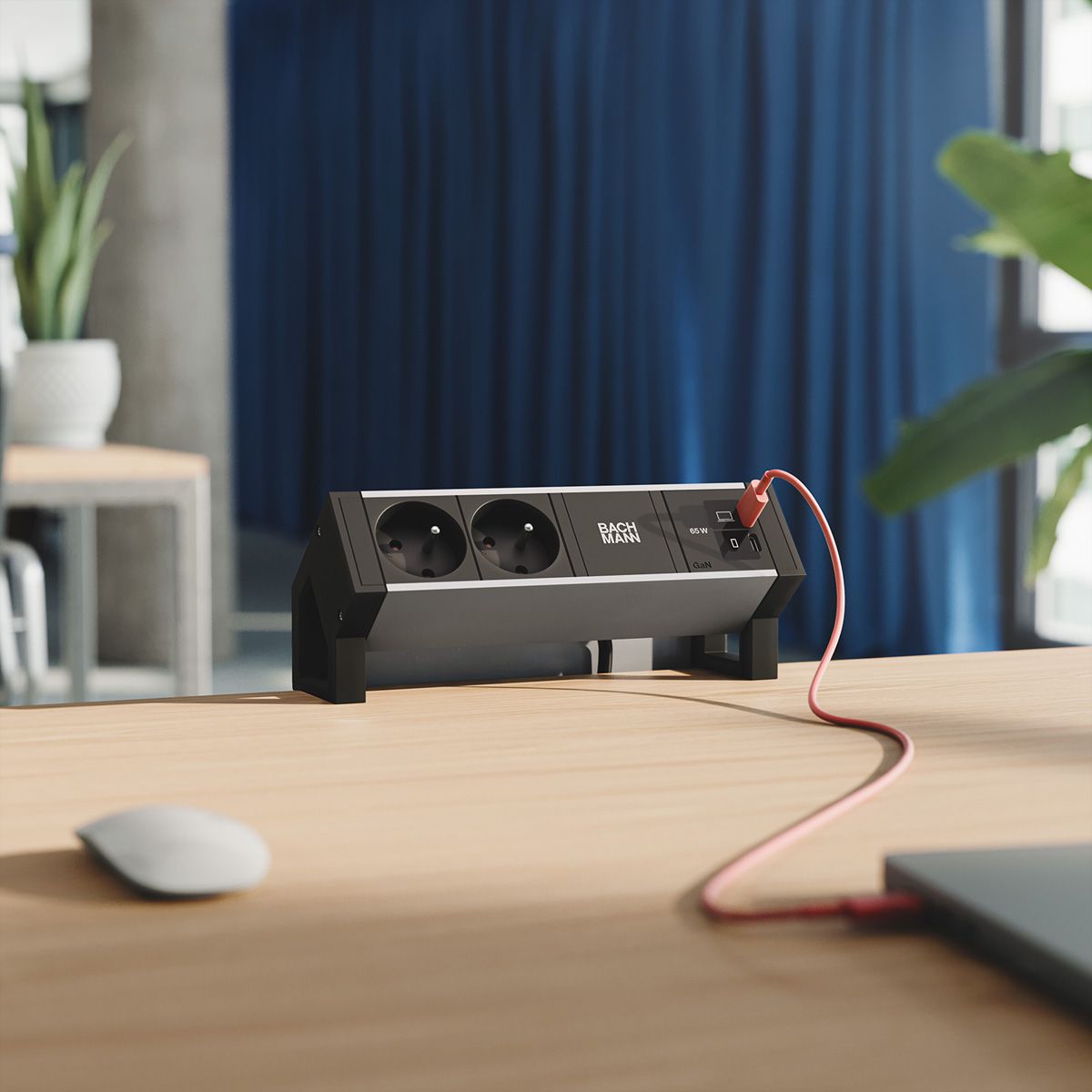 BACHMANN DESK2 ALU BLACK 2xUTE, 1xUSB C/C 65W L=0,2m